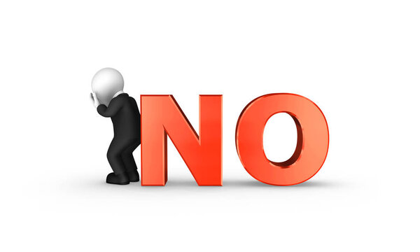 3d businessman in black suite cries at red "no" text