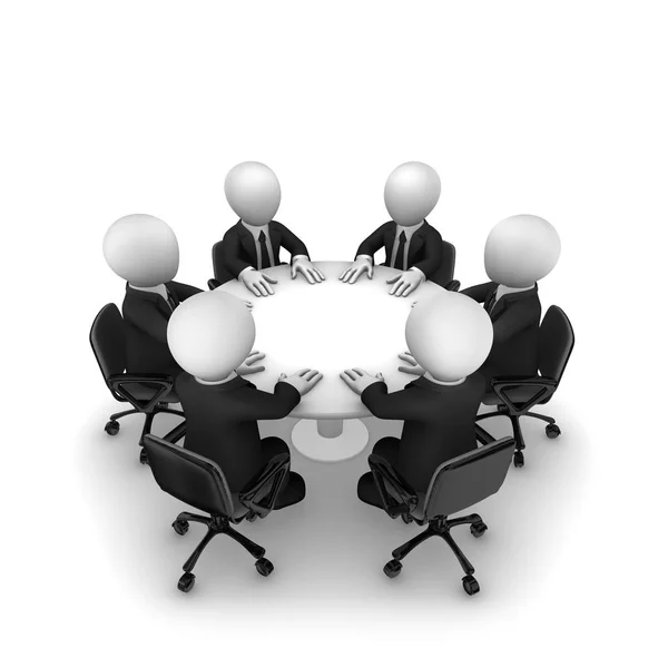 Gli uomini d'affari 3D si siedono a una tavola rotonda. Team di supporto . — Foto Stock