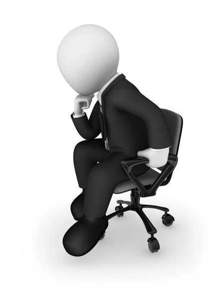 3D affärsman sitter på en kontorsstol och tänker — Stockfoto