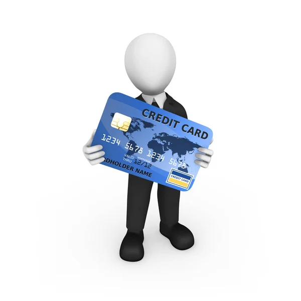 3D affärsman med blått kreditkort i händerna. — Stockfoto