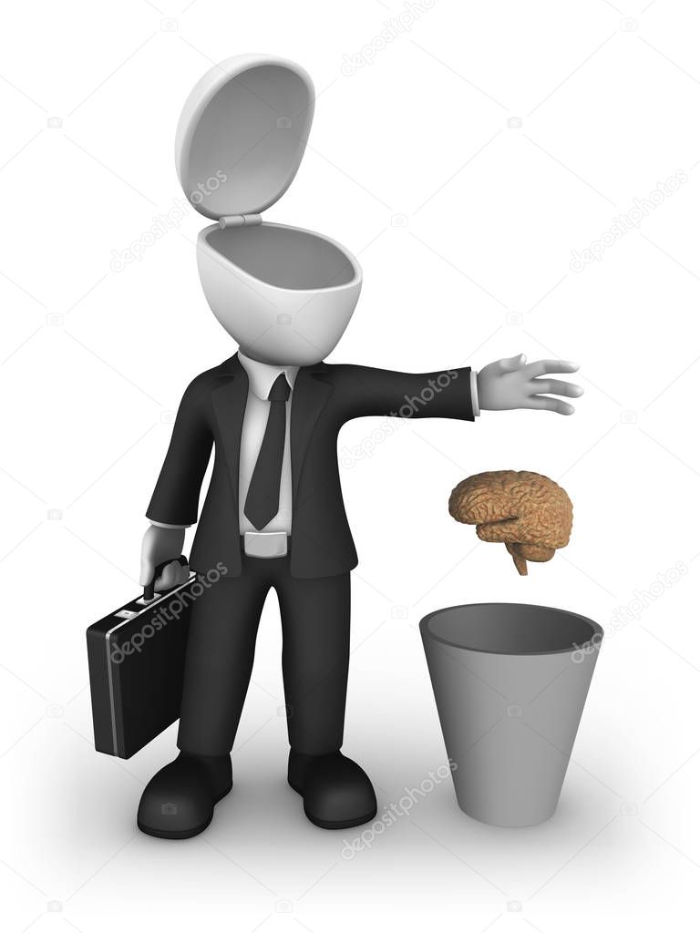 3d businessman throws out the brain in a recycle bin.