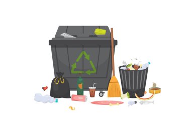 Çöp kutusu çöp cam, metal ve kağıt, plastik-elektronik, organik yığını. İzole vektör çizim.
