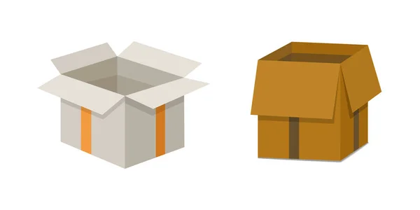 Offenen und geschlossenen Karton aufstellen. Lieferung Verpackung Vektor Illustration. — Stockvektor