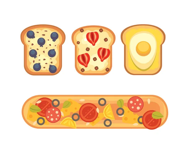 Set tost ve sandviç kahvaltı. Reçel, yumurta, peynir, yaban mersini, fıstık ezmesi, salam, Balık ekmek tost. Düz vektör çizim. — Stok Vektör