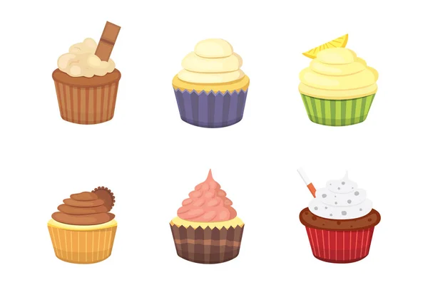 Set von niedlichen Vektor-Cupcakes und Muffins. bunte Cupcake isoliert für Lebensmittel-Plakat-Design. — Stockvektor