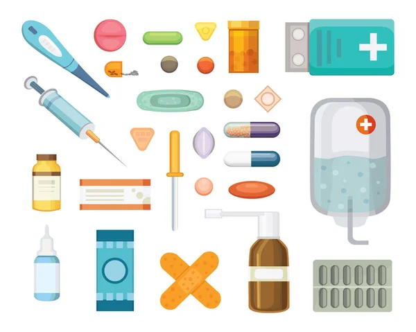 Médicaments pour dessins animés. Différentes pilules et bouteilles médicales, soins de santé et achats, pharmacie, pharmacie. Illustration vectorielle en style plat — Image vectorielle