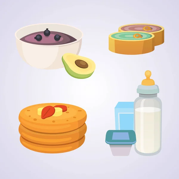 Gyümölcslevek és pürék baba. élelmiszer rajzfilm felsorolt termékek. — Stock Vector