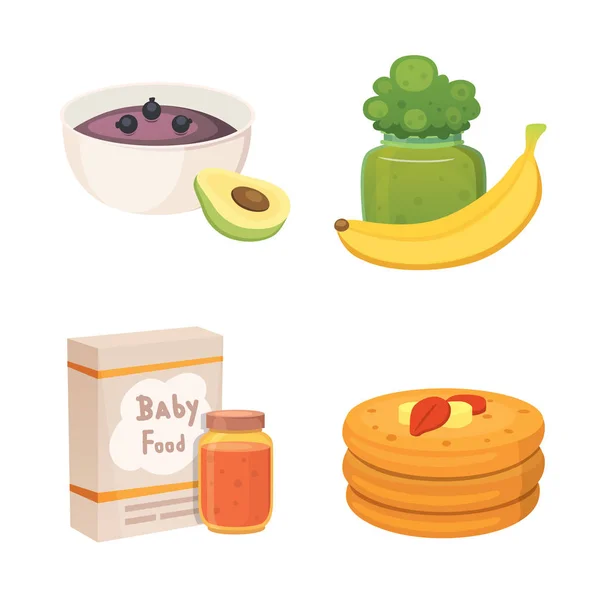 Gyümölcslevek és pürék, a zöldhéjú almát és a brokkoli, a baba. élelmiszer-termékek csecsemőkészlet rajzfilm. — Stock Vector