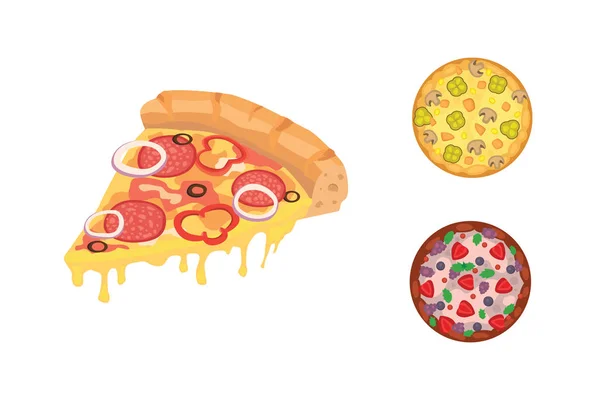 Λεπτές φέτες πεπερόνι είναι μια δημοφιλής πίτσα. Ιταλική παράδοση μαγείρων και πίτσες. — Διανυσματικό Αρχείο