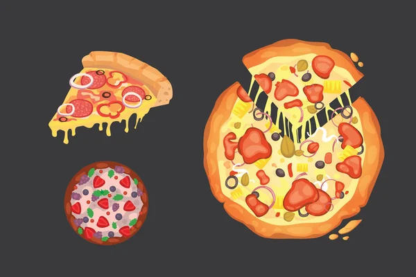 Dünn geschnittene Peperoni sind eine beliebte Pizza. italienischer Koch und Pizzen-Lieferung. — Stockvektor