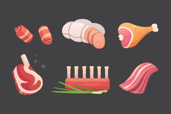 Ställ in färska köttprodukter. Biff i tecknad stil. Vector isolerade illustration nötstek, fläskkorv, skinka, bacon skiva. Menyn design. — Stock vektor