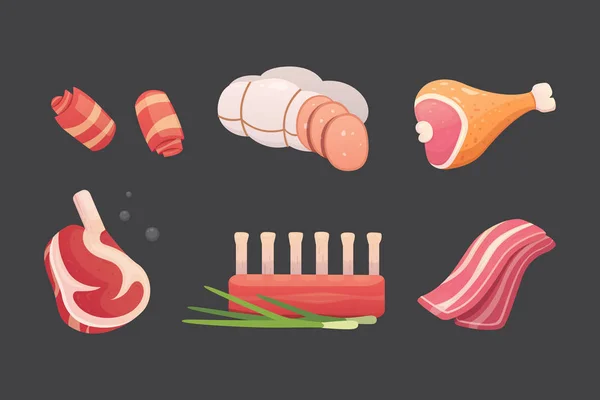 Establecer productos cárnicos frescos. Filete en estilo de dibujos animados. Vector aislado ilustración carne de res, salchicha de cerdo, jamón, rebanada de tocino. Diseño de menú . — Vector de stock