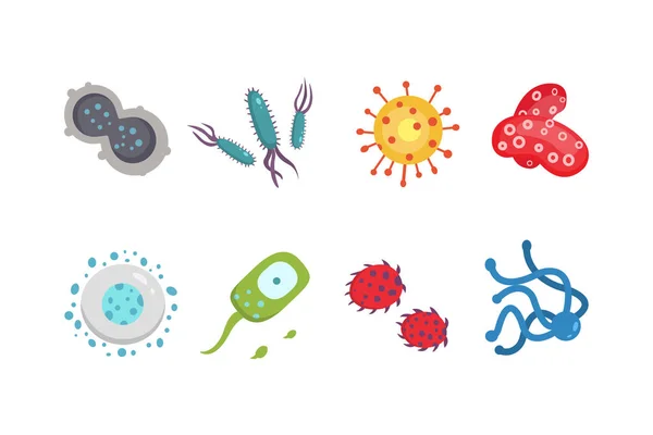 Establecer virus coloridos vector ilustración. Bacterias y microorganismos en estilo de dibujos animados . — Vector de stock
