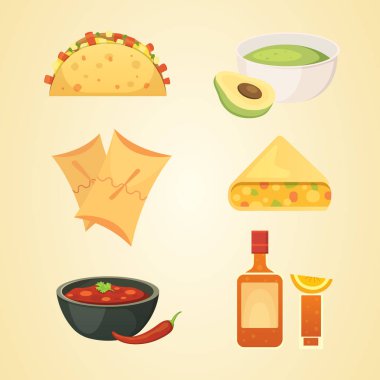 Meksika mutfağı karikatür yemekleri illüstrasyon vektör ayarla