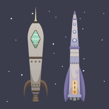 Roket gemisi çizgi film tarzı. Yeni işletmeler yenilik geliştirme düz tasarım simgeler şablonu. Uzay gemileri illüstrasyonlar seti.