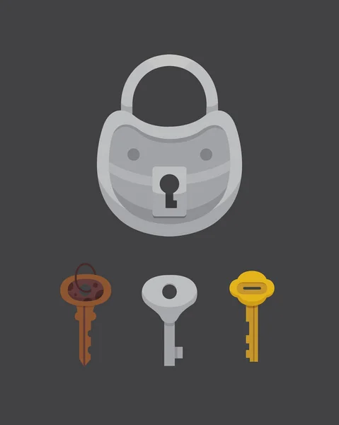 Uppsättning av vintage nycklar och lås. Vektor illustration tecknad hänglås. Hemlighet, mysterium eller säker ikon. — Stock vektor