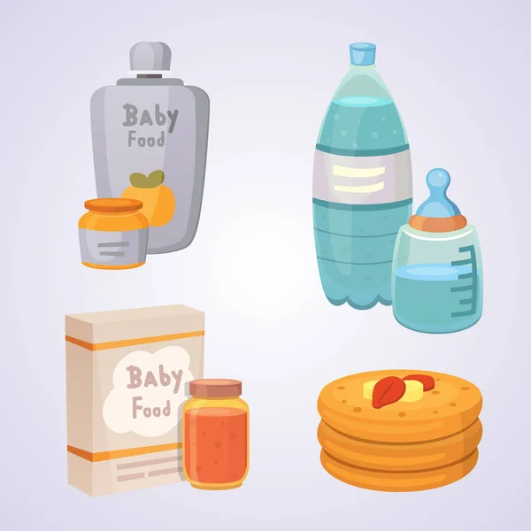 Sappen en puree voor baby. voedsel cartoon producten set. — Stockvector