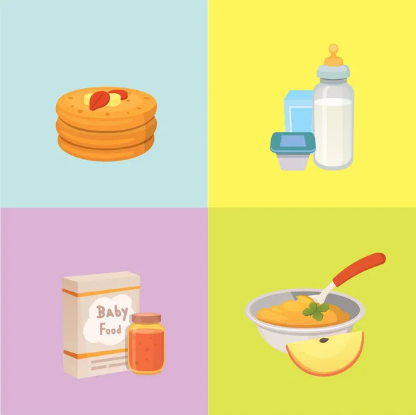 Jus et purées de pommes pour bébé. ensemble de produits de dessin animé . — Image vectorielle