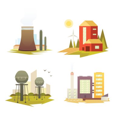 Farklı endüstriyel Fabrika binaları ve tesisleri. Vektör çizimler sanayi kenti inşaat set