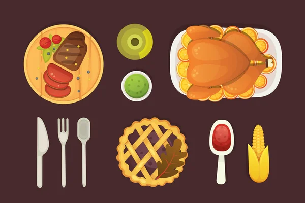 Ημέρα των Ευχαριστιών πιάτο μενού Προβολή επάνω πίνακα με ψητό Τουρκία διάνυσμα κινουμένων σχεδίων. Καρτούν εικονογράφηση φορέα. — Διανυσματικό Αρχείο