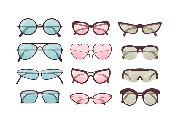 Kolorowy zestaw wektorowych okularów przeciwsłonecznych. Kolekcja okularów z tworzywa sztucznego. Letnia ochrona przeciwsłoneczna. — Wektor stockowy