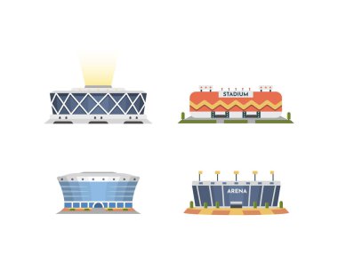 Karikatür tarzında Spor stadyum ön görünüm vektör koleksiyonu. Şehir arenası dış illüstrasyon seti.