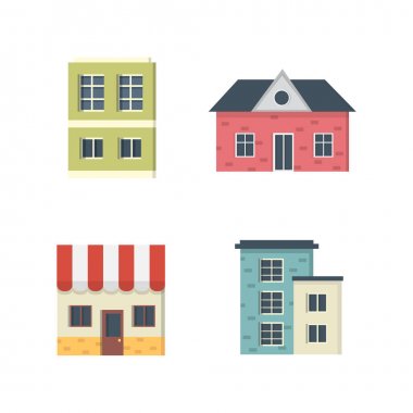 Banliyö özel evleri. Evin dış tarafı. Vektör kentsel yapı simgeleri ayarlandı.