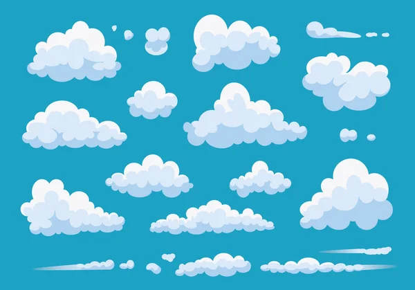 Set of cartoon clouds isolated on blue background. Vector collection white cloud illustration. Blue cloudy sky. — Stock Vector