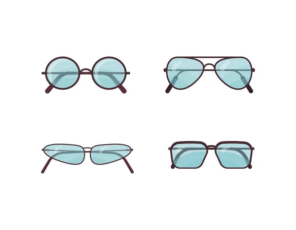 Blauwe zonnebril vector set. Spectacles kunststof frame collectie. Zomerzonwering. — Stockvector