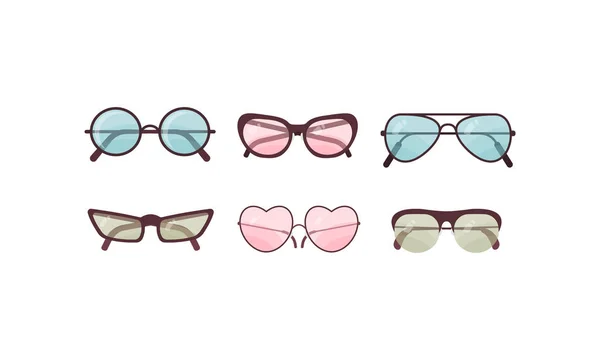 Kolorowy zestaw wektorowych okularów przeciwsłonecznych. Kolekcja okularów z tworzywa sztucznego. Letnia ochrona przeciwsłoneczna. — Wektor stockowy