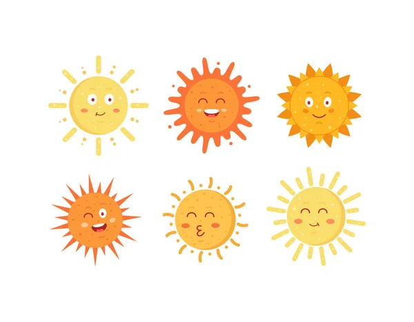Komik vektör el güneşler çizilmiş. Sevimli güneş ifadeler simgeleri ayarlayın. Yaz güneşli yüzleri emoji koleksiyonu. — Stok Vektör