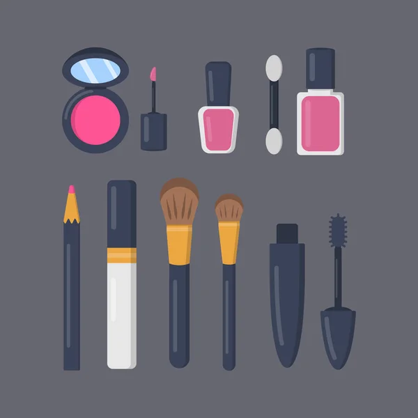 Maquillaje conjunto de cosméticos de iconos vectoriales en estilo de dibujos animados. Lápiz labial y pomada colección de maquillaje de moda. Salón de belleza y mujer cosmética revista ilustraciones . — Vector de stock