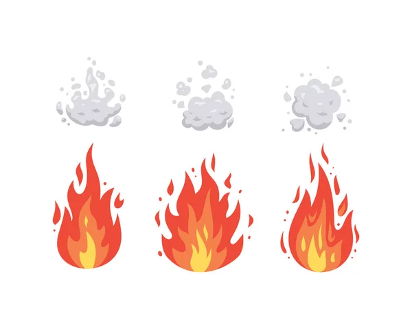 Fuego llama vector iconos en estilo de dibujos animados. Llamas de diferentes formas. Juego de bolas de fuego, símbolos llameantes . — Archivo Imágenes Vectoriales