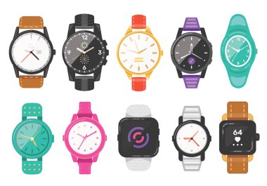 Klasik Mens ve kadın saat vektör simgeleri ayarlayın. İzle işadamı, SmartWatch ve moda saatleri toplama.