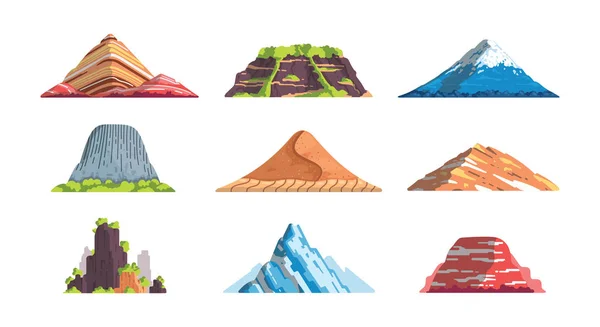 Différentes montagnes paysage illustration vectorielle isolée dans le style de dessin animé. Nature montagne silhouette éléments se. Voyages ou randonnées en montagne . — Image vectorielle
