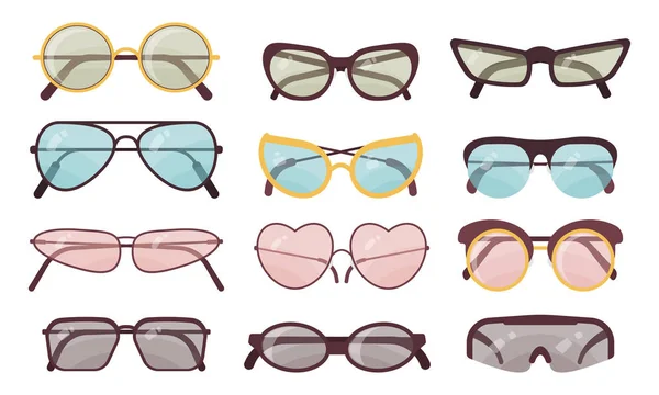 Akcesoria do okularów przeciwsłonecznych zestaw wektor. Kolekcja kolorowych okularów przeciwsłonecznych. Okulary letnie. — Wektor stockowy