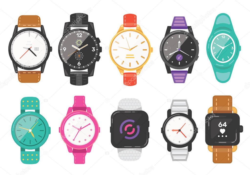 Classic mens and womens watches set of vector icons. Watch for businessman, smartwatch and fashion clocks collection.
