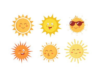 Komik vektör el güneşler çizilmiş. Sevimli güneş ifadeler simgeleri ayarlayın. Yaz güneşli yüzleri emoji koleksiyonu.