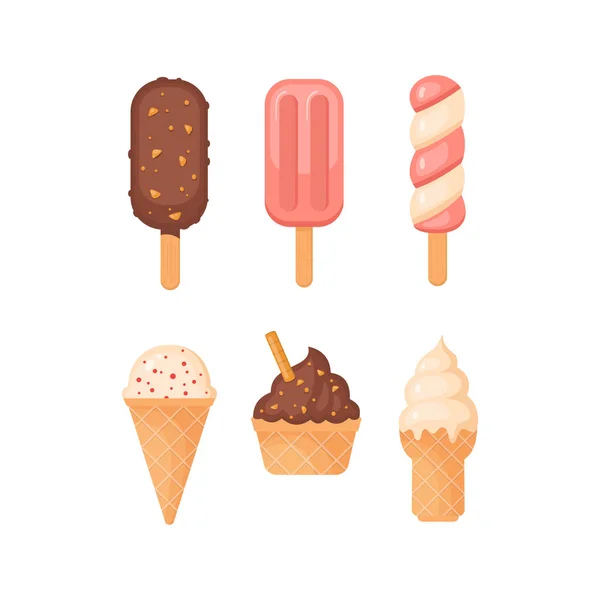 Colorido sorvete popsicle e waffle cones coleção, ilustração vetorial. Escovas de sorvete com coberturas diferentes . — Vetor de Stock