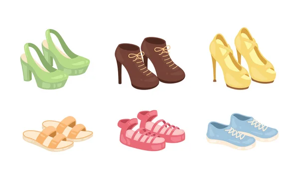 Conjunto de mujer zapatos vector iconos aislados sobre fondo blanco. Colección de diseño de calzado moda . — Vector de stock