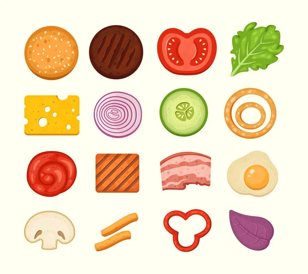 Burger ingredients set of vector icons in midern cartoon style. Burgers constructor top view, cheeseburger parts collection. — Stock Vector