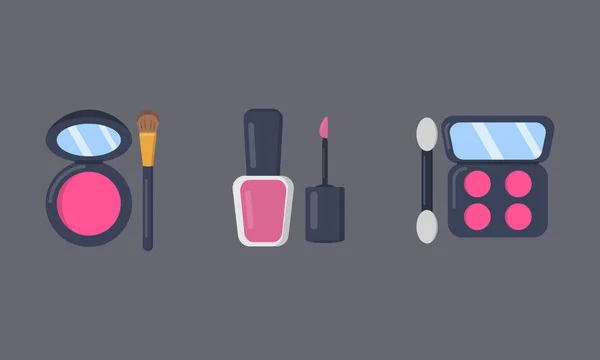 Make-up cosmetica set van vector iconen in cartoon stijl. Schoonheidssalon en vrouw cosmetische tijdschrift illustraties. — Stockvector