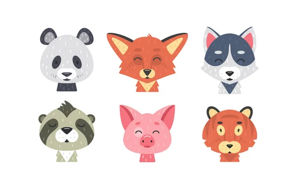 Bonito animal enfrenta conjunto vetorial. Personagens de animais desenhados à mão. Raposa, panda, tigre, porco, lobo, preguiça. Crianças de mamíferos . —  Vetores de Stock