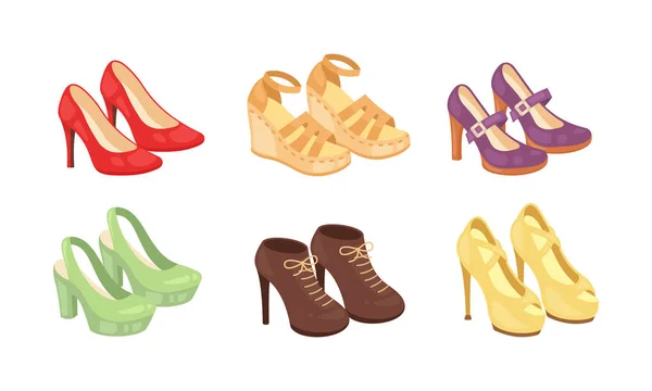 Conjunto de mujer zapatos vector iconos aislados sobre fondo blanco. Colección de diseño de calzado moda . — Vector de stock