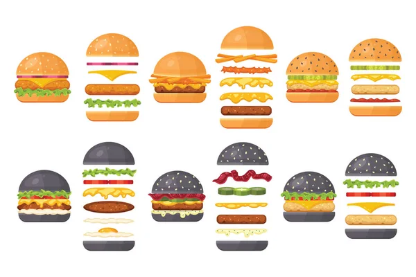 Ingrédients vectoriels pour hamburger classique isolé sur blanc. Ingrédients : pain, escalope, fromage, bacon, sauce, petits pains, tomate, oignon, concombres, jambon de boeuf. Fast food ingrédient pour hamburgers. — Image vectorielle