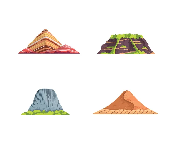 Différentes montagnes paysage illustration vectorielle isolée dans le style de dessin animé. Nature montagne silhouette éléments se. Voyages ou randonnées en montagne . — Image vectorielle