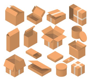 Isometrik ambalaj kutusu vektör seti. beyaz arka plan üzerinde izole karikatür tarzında karton kutular koleksiyonu.