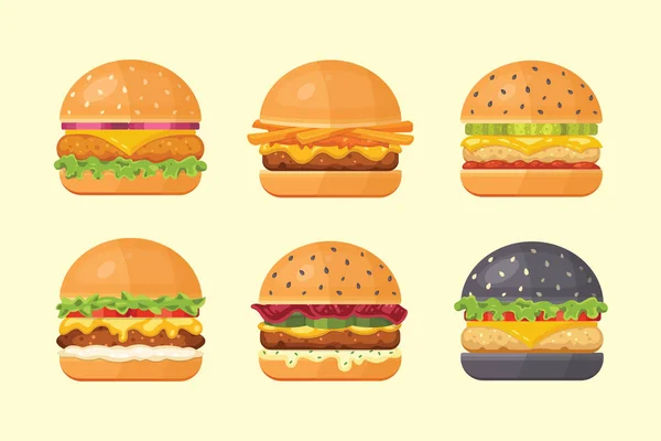 Set de hamburguesas clásicas con ingredientes voladores. Vector hamburguesa iconos . — Archivo Imágenes Vectoriales