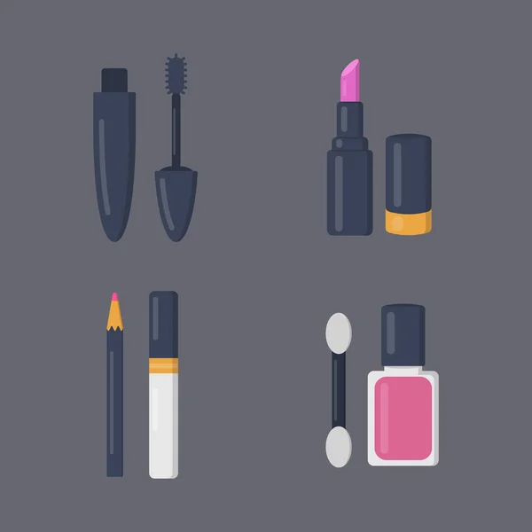 Maquillaje conjunto de cosméticos de iconos vectoriales en estilo de dibujos animados. Salón de belleza y mujer cosmética revista ilustraciones . — Archivo Imágenes Vectoriales