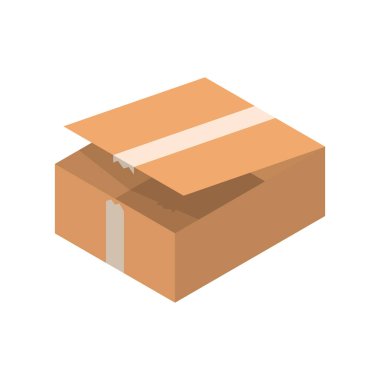 Beyaz arka planda karikatür tarzında izometrik ambalaj karton kutu vektör illüstrasyon.